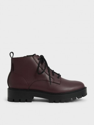 Charles And Keith Lace-Up Chunky Ankle Boots Burgundy | PHILIPPINES W135