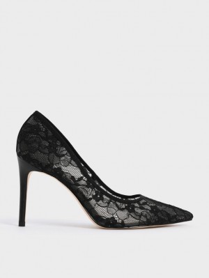 Charles And Keith Lace Stiletto Pumps Black | PHILIPPINES P387