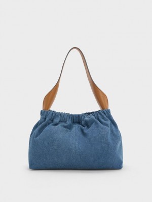 Charles And Keith Large Ally Denim Ruched Slouchy Tote Bags Blue | PHILIPPINES S845