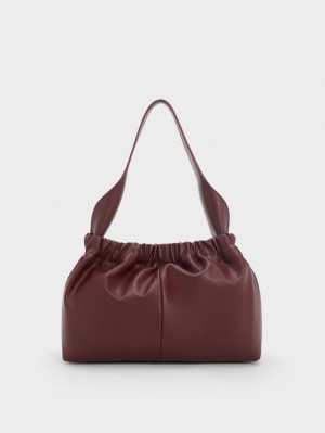 Charles And Keith Large Ally Ruched Slouchy Tote Bags Burgundy | PHILIPPINES U653