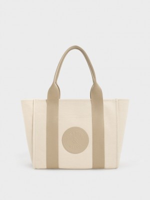 Charles And Keith Large Kay Canvas Contrast-Trim Tote Bags Beige | PHILIPPINES A341