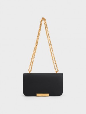 Charles And Keith Leather Chain Strap Shoulder Bags Black | PHILIPPINES S610