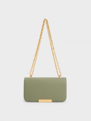 Charles And Keith Leather Chain Strap Shoulder Bags Olive | PHILIPPINES E439