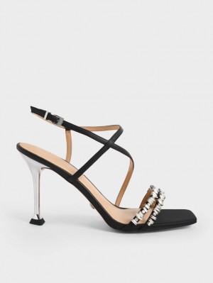 Charles And Keith Leather Gem-Embellished Strap Sandals Black | PHILIPPINES L745