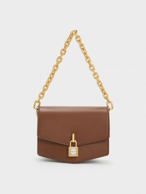 Charles And Keith Lock-Motif Geometric Crossbody Bags Chocolate | PHILIPPINES F195