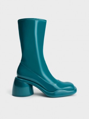 Charles And Keith Lula Patent Chunky Calf Heeled Boots Turquoise | PHILIPPINES X806