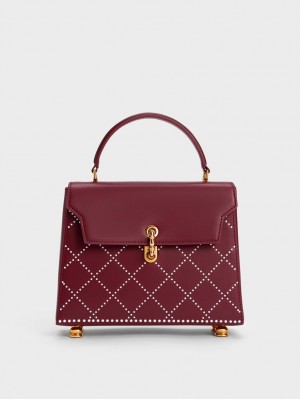 Charles And Keith Marietta Bead-Embellished Trapeze Tote Bags Burgundy | PHILIPPINES G140