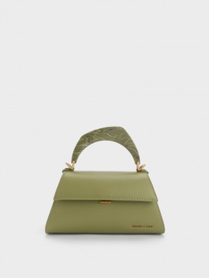 Charles And Keith Marlin Acrylic Handle Trapeze Tote Bags Olive | PHILIPPINES K746