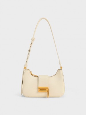 Charles And Keith Metallic Accent Belted Tote Bags Beige | PHILIPPINES S473