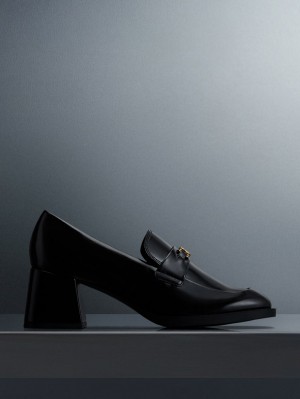 Charles And Keith Metallic Accent Block Heel Loafer Pumps Black | PHILIPPINES L269