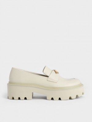 Charles And Keith Metallic Accent Chunky Platform Penny Loafers Cream | PHILIPPINES P791