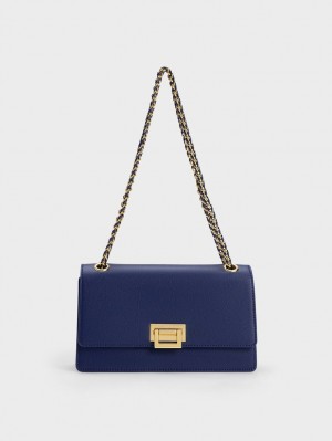 Charles And Keith Metallic Accent Front Flap Shoulder Bags Navy | PHILIPPINES J248