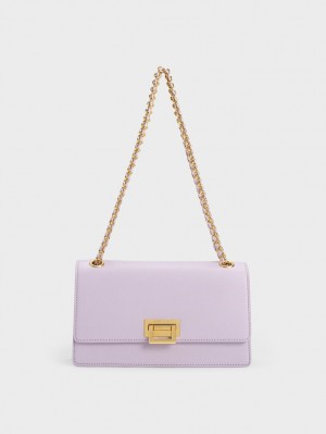 Charles And Keith Metallic Accent Front Flap Shoulder Bags Purple | PHILIPPINES V697