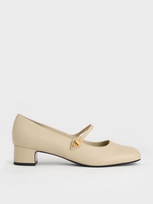 Charles And Keith Metallic Accent Mary Jane Pumps Beige | PHILIPPINES L198