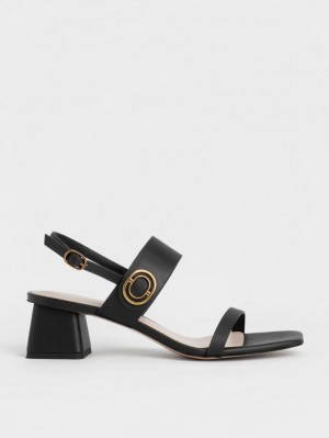 Charles And Keith Metallic Accent Trapeze Heels Sandals Black | PHILIPPINES N206