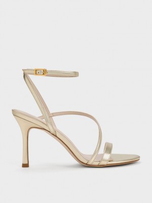 Charles And Keith Metallic Asymmetric Strappy Heels Sandals Gold | PHILIPPINES J215