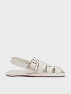 Charles And Keith Metallic Buckle Caged Slingback Flat Sandals White | PHILIPPINES T164