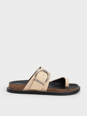 Charles And Keith Metallic Buckle Toe-Ring Flat Sandals Beige | PHILIPPINES Z064