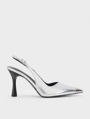 Charles And Keith Metallic Cap Pointed-Toe Slingback Pumps Silver | PHILIPPINES A273