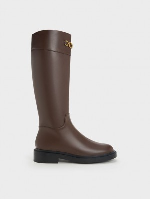 Charles And Keith Metallic Chain Accent Knee-high Boots Dark Brown | PHILIPPINES L840