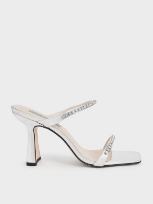 Charles And Keith Metallic Gem-Encrusted Heels Sandals Silver | PHILIPPINES P138