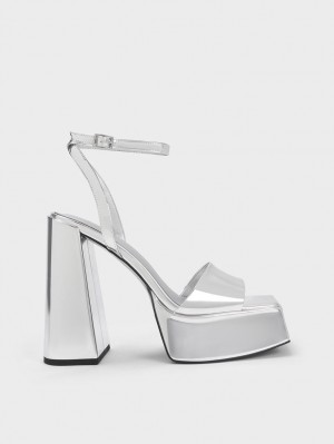 Charles And Keith Metallic Platform Ankle Strap Sandals Silver | PHILIPPINES C425