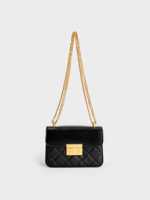 Charles And Keith Metallic Push-Lock Chain Crossbody Bags Black | PHILIPPINES V680