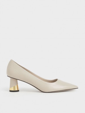 Charles And Keith Metallic Sculptural Heel Pumps Cream | PHILIPPINES J018