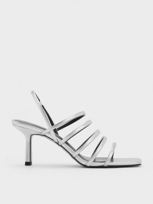 Charles And Keith Metallic Strappy Blade Heels Sandals Silver | PHILIPPINES F087