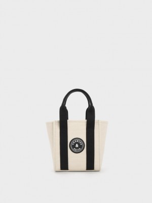 Charles And Keith Mini Kay Canvas Contrast-Trim Tote Bags Beige | PHILIPPINES N941