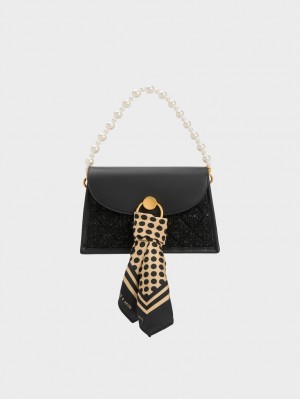 Charles And Keith Mini Roza Beaded Handle Scarf Tote Bags Black | PHILIPPINES Y189