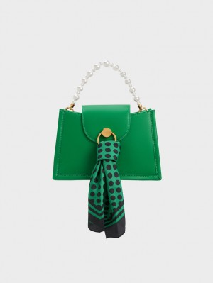 Charles And Keith Mini Roza Beaded Handle Scarf Crossbody Bags Green | PHILIPPINES B650