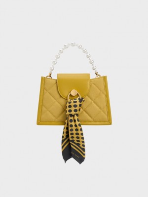 Charles And Keith Mini Roza Beaded Handle Scarf Crossbody Bags Mustard | PHILIPPINES T284