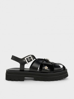 Charles And Keith Nell Gladiator Floral-Embellished Platform Sandals Black | PHILIPPINES Q526