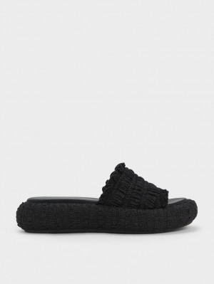 Charles And Keith Nuala Ruched Flatforms Slides Black | PHILIPPINES O986