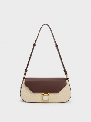 Charles And Keith Oona Canvas Curved Shoulder Bags Dark Brown | PHILIPPINES H310