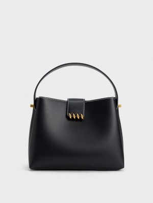 Charles And Keith Osiris Metallic Accent Belted Shoulder Bags Black | PHILIPPINES W186