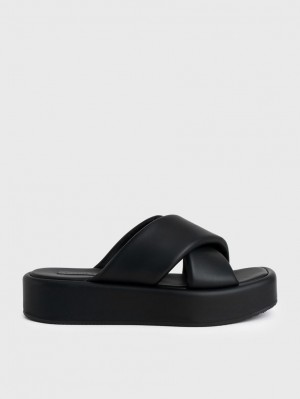 Charles And Keith Padded Crossover Flatforms Slides Black | PHILIPPINES Y516