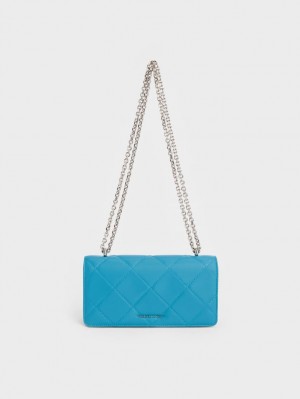 Charles And Keith Paffuto Chain Handle Quilted Long Wallets Blue | PHILIPPINES K354