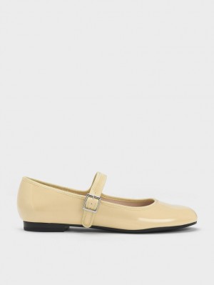 Charles And Keith Patent Buckled Mary Jane Flat Shoes Yellow | PHILIPPINES X817