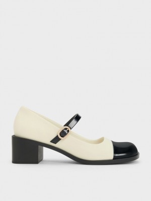 Charles And Keith Patent Crystal-Embellished Buckle Two-Tone Mary Jane Shoes Cream | PHILIPPINES P823