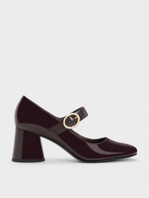 Charles And Keith Patent Cylindrical Block Heel Mary Jane Shoes Burgundy | PHILIPPINES E174