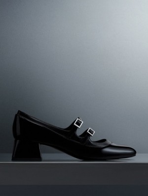 Charles And Keith Patent Double Buckle Mary Jane Shoes Black | PHILIPPINES X248