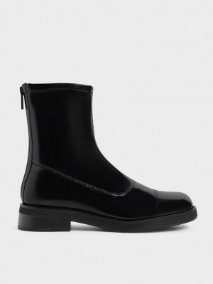 Charles And Keith Patent Round Toe Zip-Up Ankle Boots Black | PHILIPPINES N785