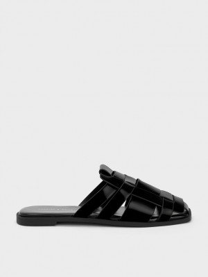 Charles And Keith Patent Woven Flat Mules Black | PHILIPPINES N745