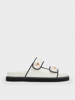 Charles And Keith Pearl Embellished Contrast-Trim Slides White | PHILIPPINES A453