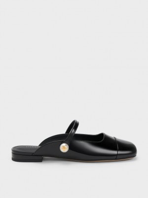 Charles And Keith Pearl Embellished Patent Flat Mules Black | PHILIPPINES T057