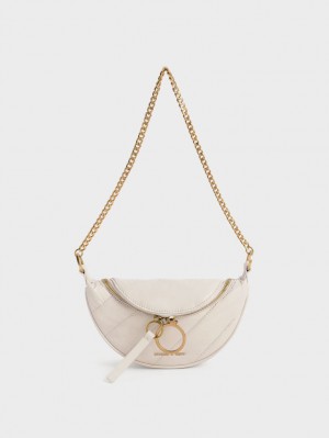 Charles And Keith Philomena Wrinkled-Effect Half-Moon Crossbody Bags White | PHILIPPINES T570