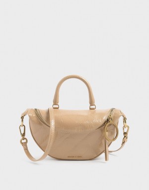 Charles And Keith Philomena Wrinkled Patent Semi-Circle Crossbody Bags Beige | PHILIPPINES R587