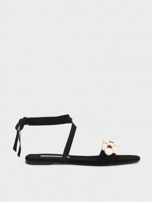 Charles And Keith Pom Pom Tie-Around Flat Sandals Black | PHILIPPINES X561